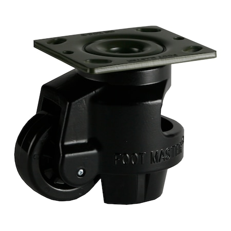 Foot Master Leveling Caster, 75 mm Nylon Wheel, 4 x 4-1/2 Plate, Swivel, 1000 kg Cap, Al Foot Pad, Black GD-120-F-NYN-FBL-PUS